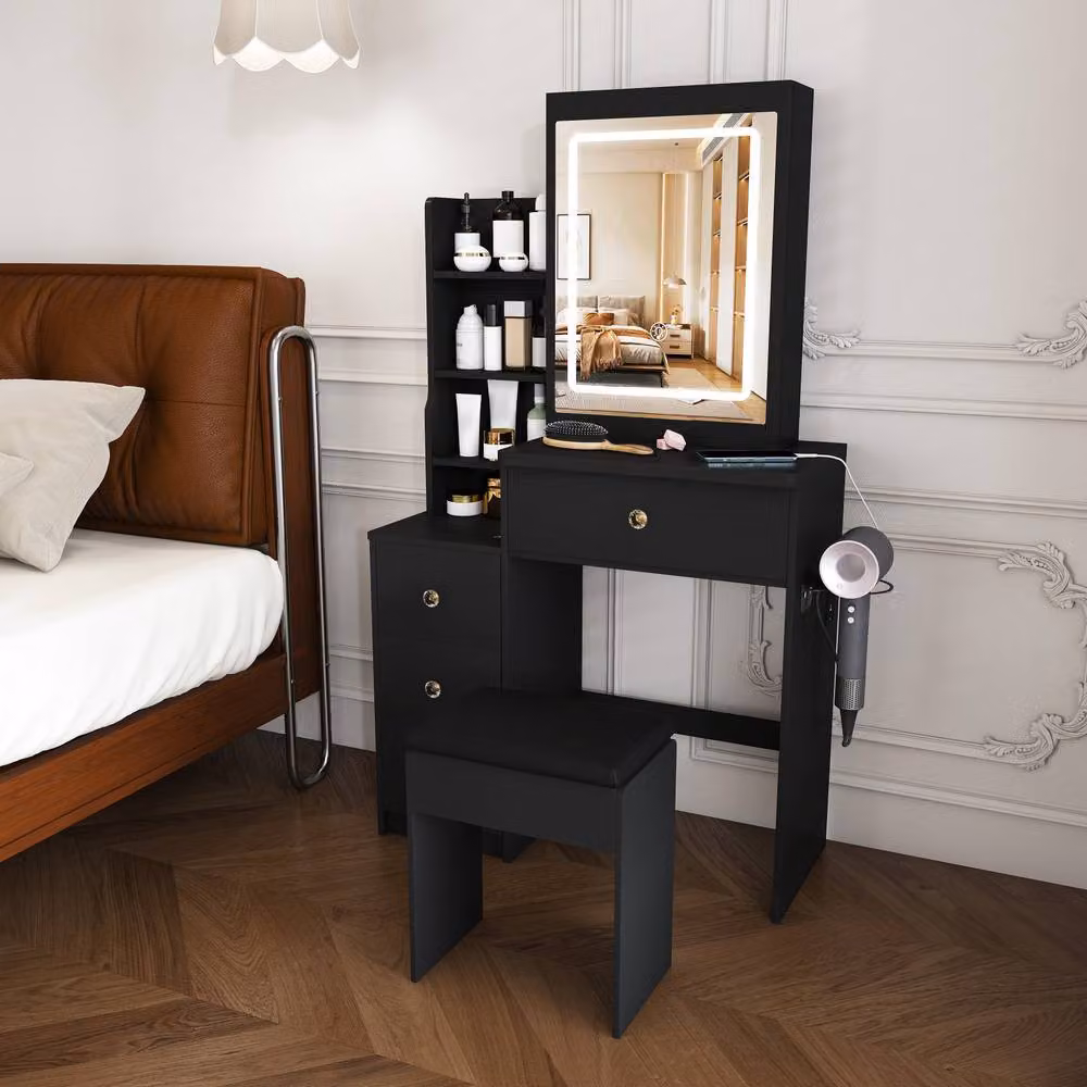 Rolipo Modern Black Makeup Vanity Desk with Hollywood LED Mirror and 4 Drawers – 7