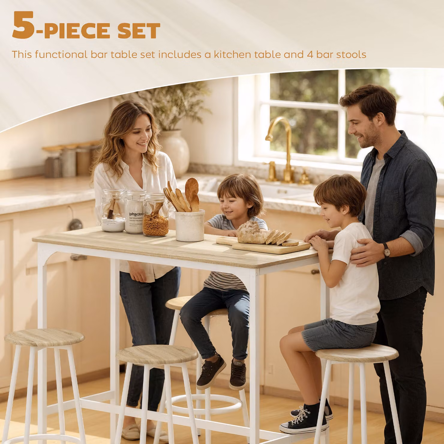 HOMCOM 5 Piece Industrial Bar Table Set with 4 Stools, Natural Wood and Metal Frame for Kitchen and Dining Room, Brown and White – 3