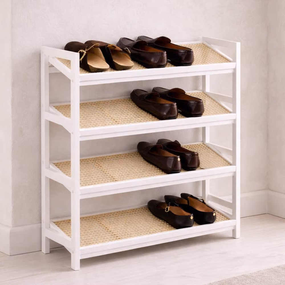 Keplin 4 Tier Bamboo and Rattan Shoe Organiser Rack in White and Natural – 3