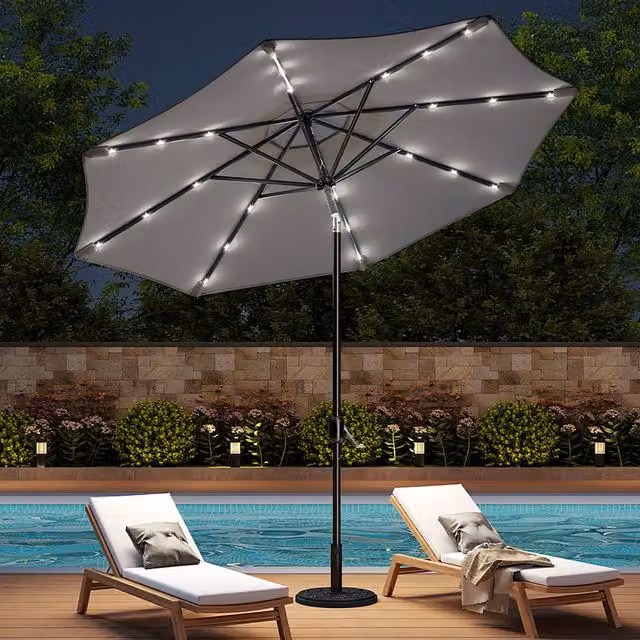 Livingandhome Lighted Cantilever Garden Parasol with Round Base in Grey