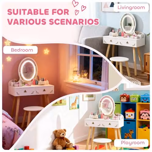 AIYAPLAY Kids Dressing Table and Stool Set with Mirror in White – 3
