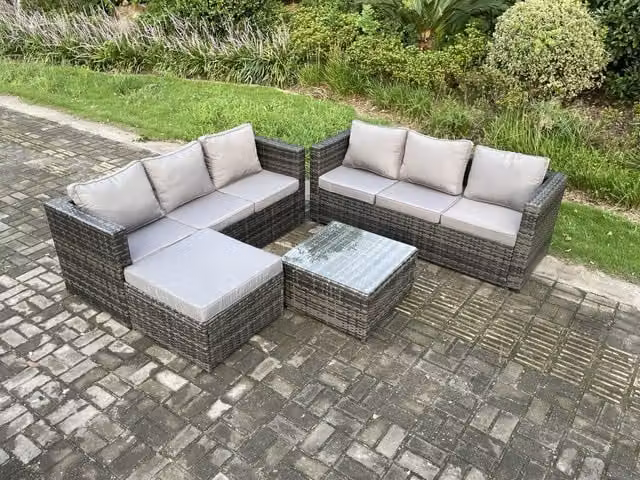 Fimous 7 Seater Rattan Garden Furniture Set in Dark Grey with L-Shape Sofa, Coffee Table and Ottoman