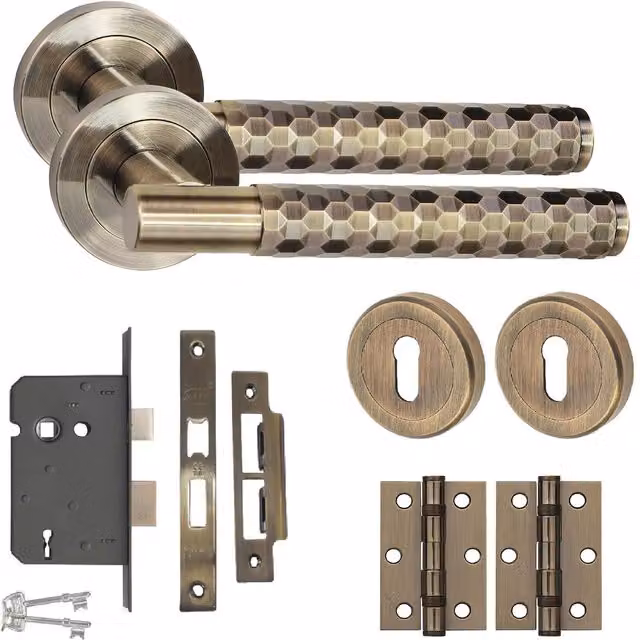 Golden Grace Brass Knurled Hex Cut T-Bar Bathroom Door Handle Set with Ball Bearing Hinges in Gold or Bronze