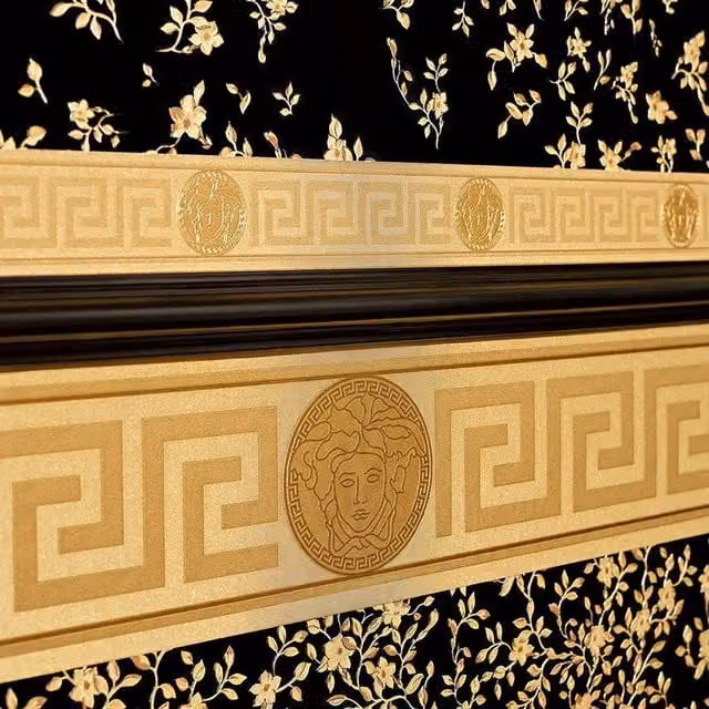 Versace Geometric Textured Greek Key Border Wall Paper in Gold and Yellow