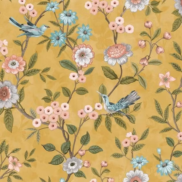 Fine Décor Eleanor Floral Botanical Wallpaper in Blue and Yellow