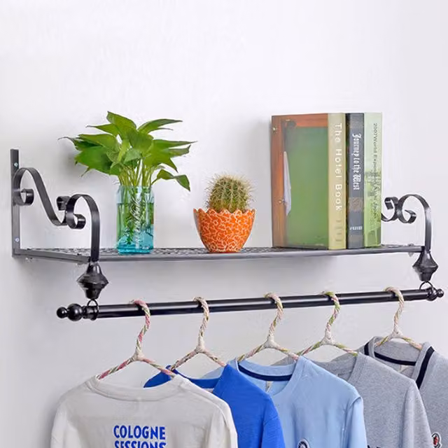 Livingandhome Matt Black Wall Mounted Garment Hanging Shelf with Continuous Linear Rail, W: 30 cm, D: 30 cm, H: 30 cm