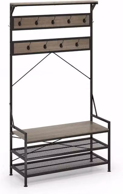 Kelvenix 4-in-1 Industrial Hall Tree with 2-Tier Shoe Rack and Bench in Black