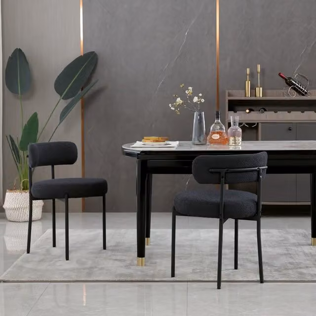 Modern Home Touch Set of 2 Black Bouclé Fabric Upholstered Mid-Century Dining Chairs