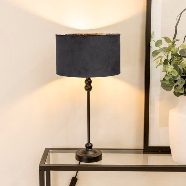 ValueLights Maggie Black Metal Candlestick Table Lamp with Black Velvet Drum Shade and LED Bulb