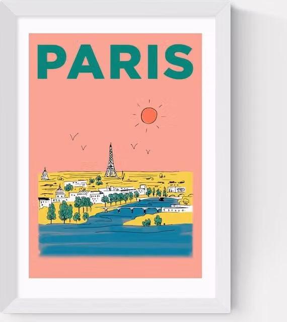 East End Prints Paris France Framed Multicolour City Art Poster in a White Rectangular Frame