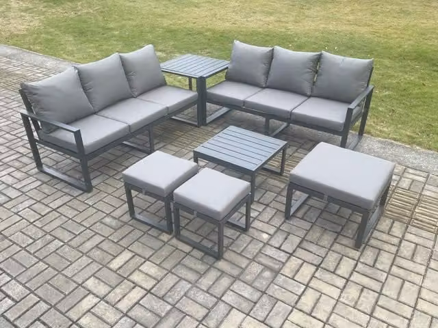 Fimous 9 Seater L-Shape Outdoor Garden Furniture Set in Dark Grey with Powder Coated Aluminium Frame, Square Coffee Table and Matching Ottomans
