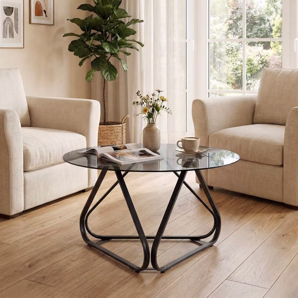 Costway Modern Round Tempered Glass Coffee Table in Black and Transparent – 7
