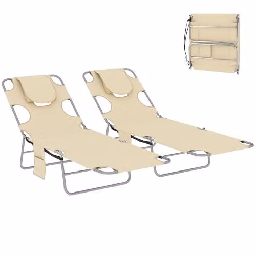 Outsunny Set of 2 Folding Garden Sun Loungers with Adjustable Headrest and Reading Hole, Beige – 2