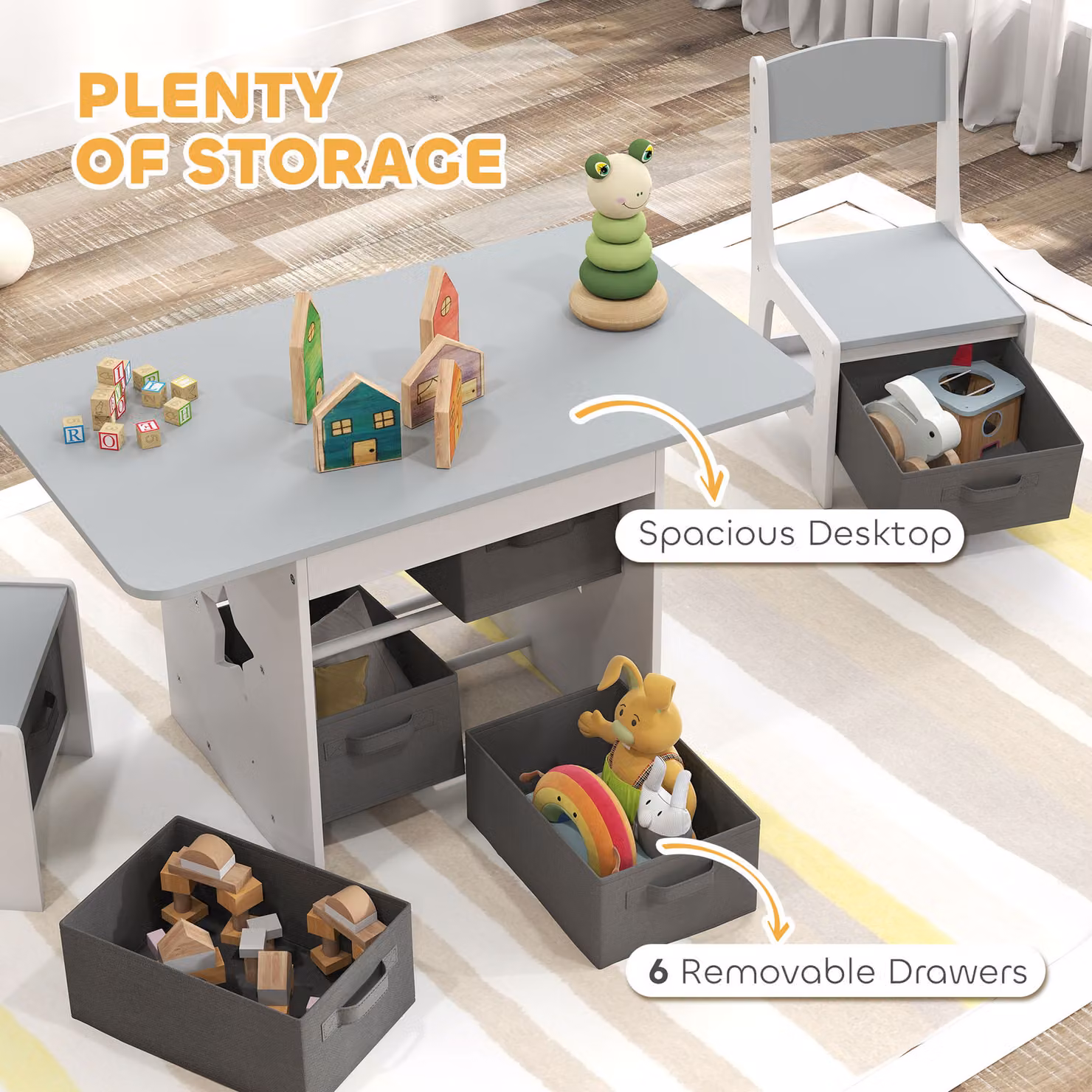 AIYAPLAY Kids Table and 2 Chairs Set with 6 Removable Drawers, Light Grey – 3