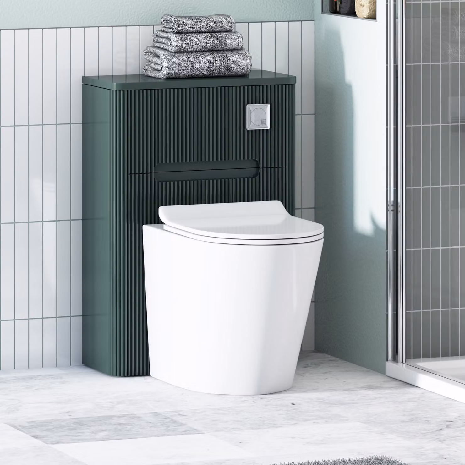 Avenza Moss Green Wall Mounted WC Unit with Cesar White Rimless Ceramic Toilet Pan, Slim Soft Close Seat and Cistern, Depth: 55 cm