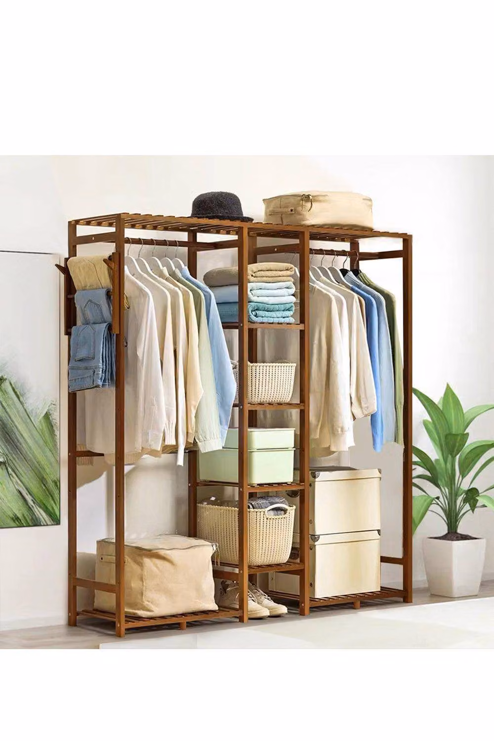 H&O Direct Modern Wooden Clothes Rack Cabinet with Hooks in Brown, H 153.0 cm x W 146.5 cm – 2