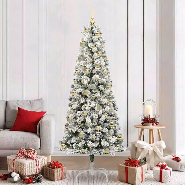 Berkfield Home Artificial Hinged Christmas Tree in Green and White, Height: 210 cm