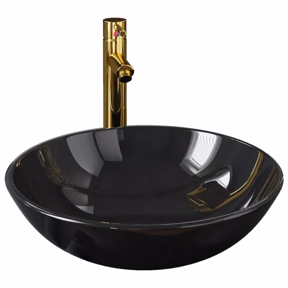 Berkfield Home Round Black Tempered Glass Countertop Bathroom Sink with Gold Tap and Push Drain – 2