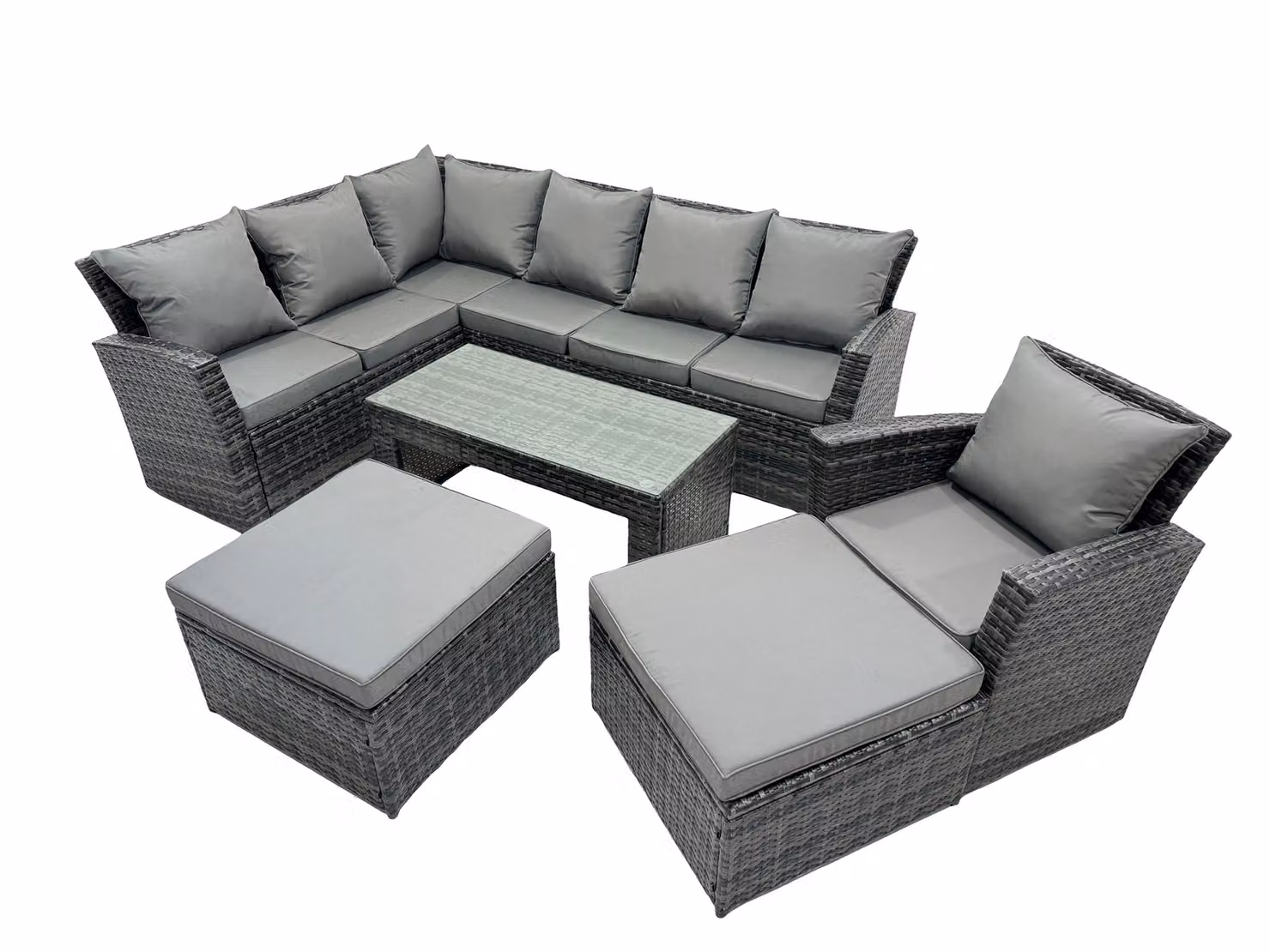 Fimous 9 Seat Poly Rattan Corner Sofa Set with 2 Large Stool Chairs in Dark Grey – 2