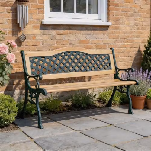 Home Source Lorien 2-Seater Wooden Garden Bench in Verdigris Green with Geometric Lattice Back Design, W/D/H: 125 x 52 x 76 cm