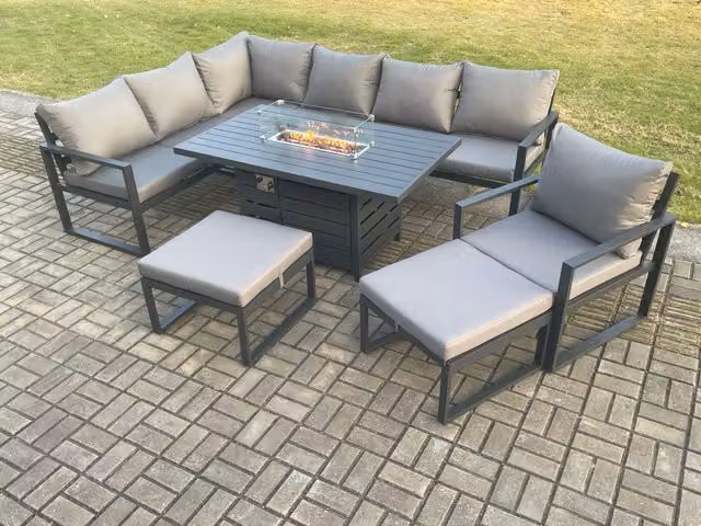Fimous Aluminium Outdoor Garden Furniture Set in Dark Grey featuring Corner Sofa, Gas Fire Pit Dining Table, Chair and 2 Footstools