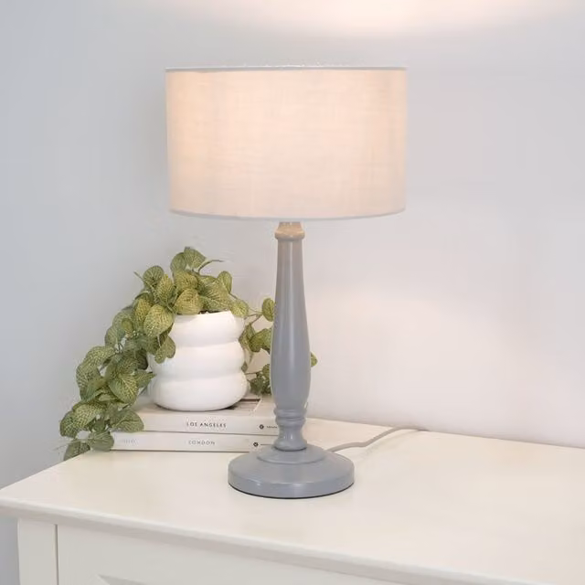 ValueLights Classic Grey Table Lamp with Wood Base and Fabric Cylinder Shade
