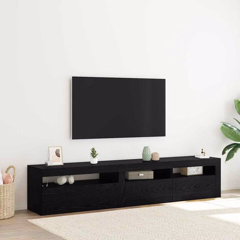 Berkfield Home Set of 2 Modern Black Oak TV Cabinets with LED Lights in Matt Engineered Wood – 1