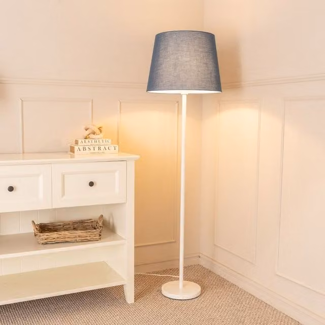 ValueLights Charlie White Single Stem Floor Lamp with Grey Fabric Tapered Shade and LED Bulb