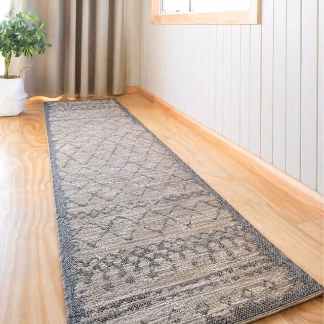 The Rug House Moroccan Geometric Tribal Textured Flatweave Indoor Outdoor Weatherproof Rug in Beige and Grey, W: 240 cm, D: 60 cm