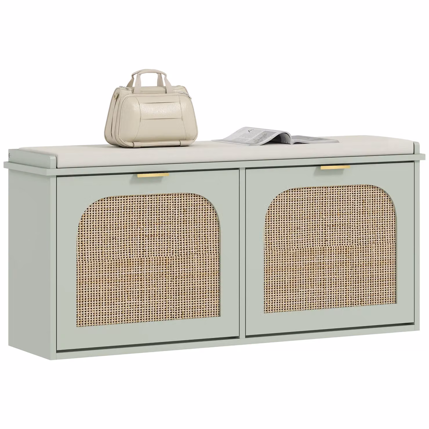 HOMCOM Boho Shoe Bench with Padded Fabric Seat and 2 Rattan Flip-Drawers in Light Green – 2