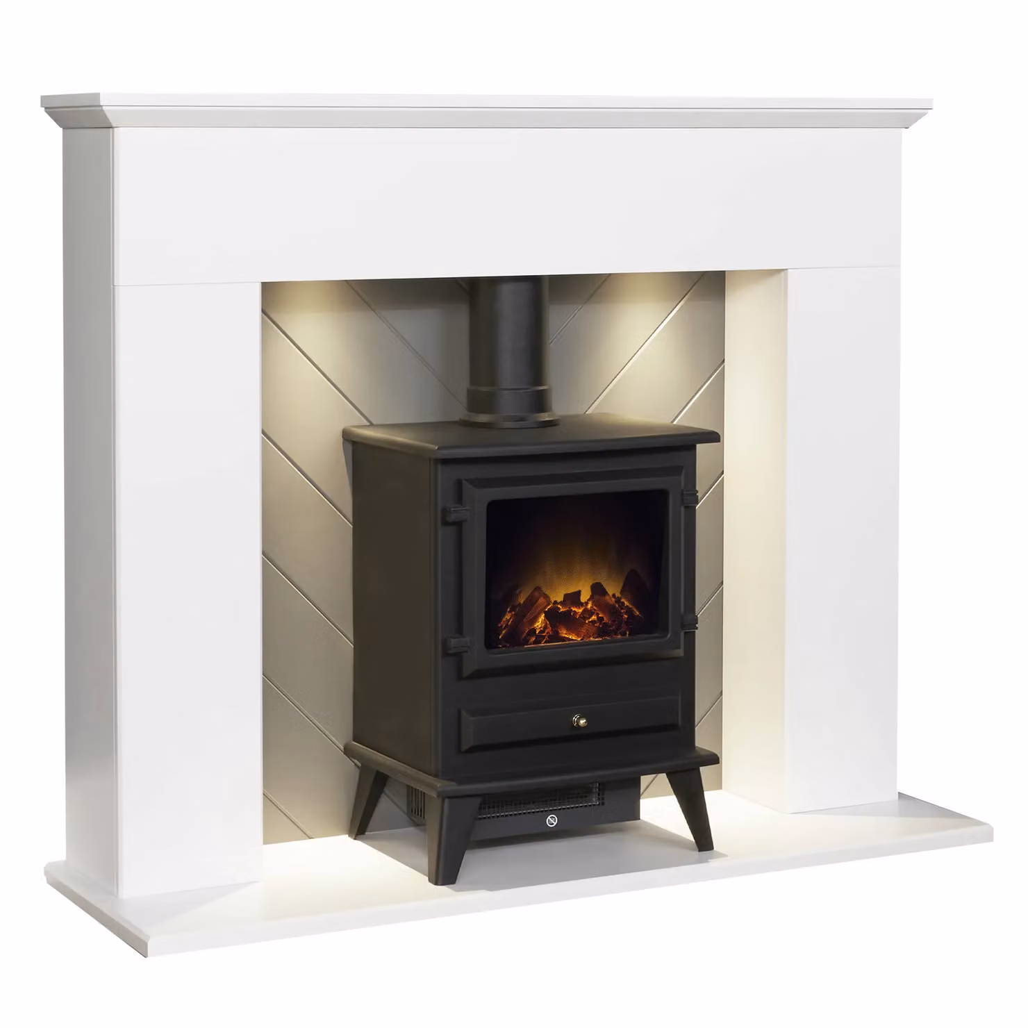 Adam Fires & Fireplaces Adam Corinth Stove Fireplace in White and Grey with Hudson Electric Stove in Black, Width: 121.92 cm – 4