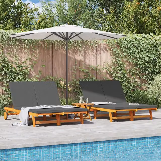 Berkfield Home Double Sun Lounger with Weatherproof Cushion and Wheels, Solid Brown Acacia Wood