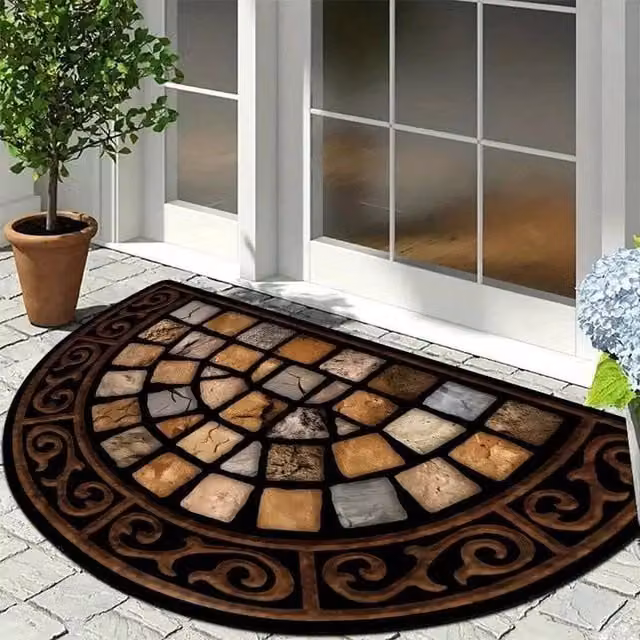 FLAVORA Half Moon Non-Slip Rubber Outdoor Door Mat, Slate Effect, Brown, W: 100 cm x D: 100 cm – 1