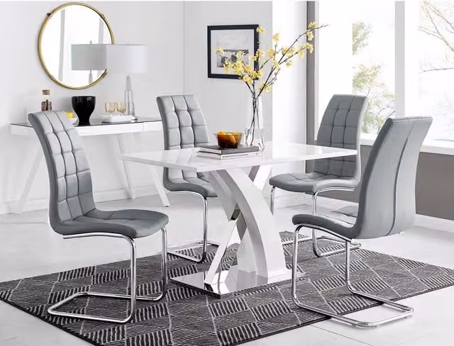 FurnitureboxUK Atlanta White Gloss and Chrome Rectangle Dining Table and 4 Murano Grey Dining Chairs