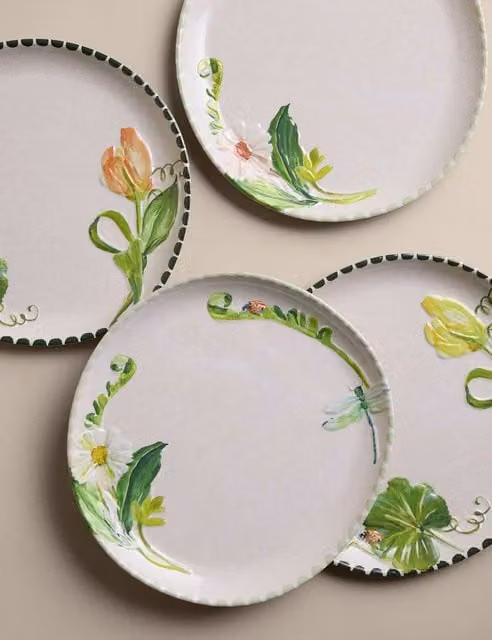 M&S Set of 4 Floral Melamine Picnic Dinner Plates in Green Mix