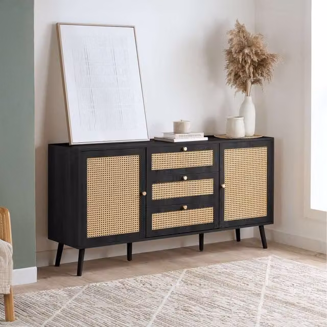 Croxley Modern Black Oak Sideboard with 2 Doors, 3 Drawers and Rattan Details