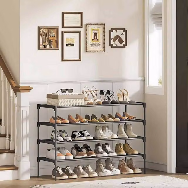 The Bazaarist 4 Tier Metal Shoe Rack with Fabric Shelves in Jet Black – 1
