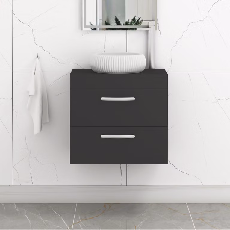 Royal Bathrooms Turin 500mm Wall Hung 2 Drawer Vanity Unit in Matt Black with Milan Countertop Basin and Matt Black Handle