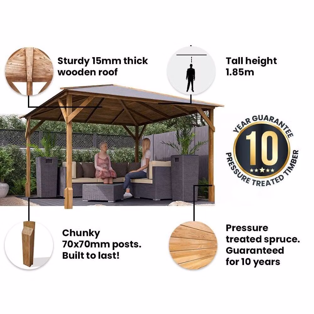 Dunster House Utopia 300 Wooden Gazebo in Brown with Roofing Felt, W/D/H: 300 x 300 x 250 cm – 3