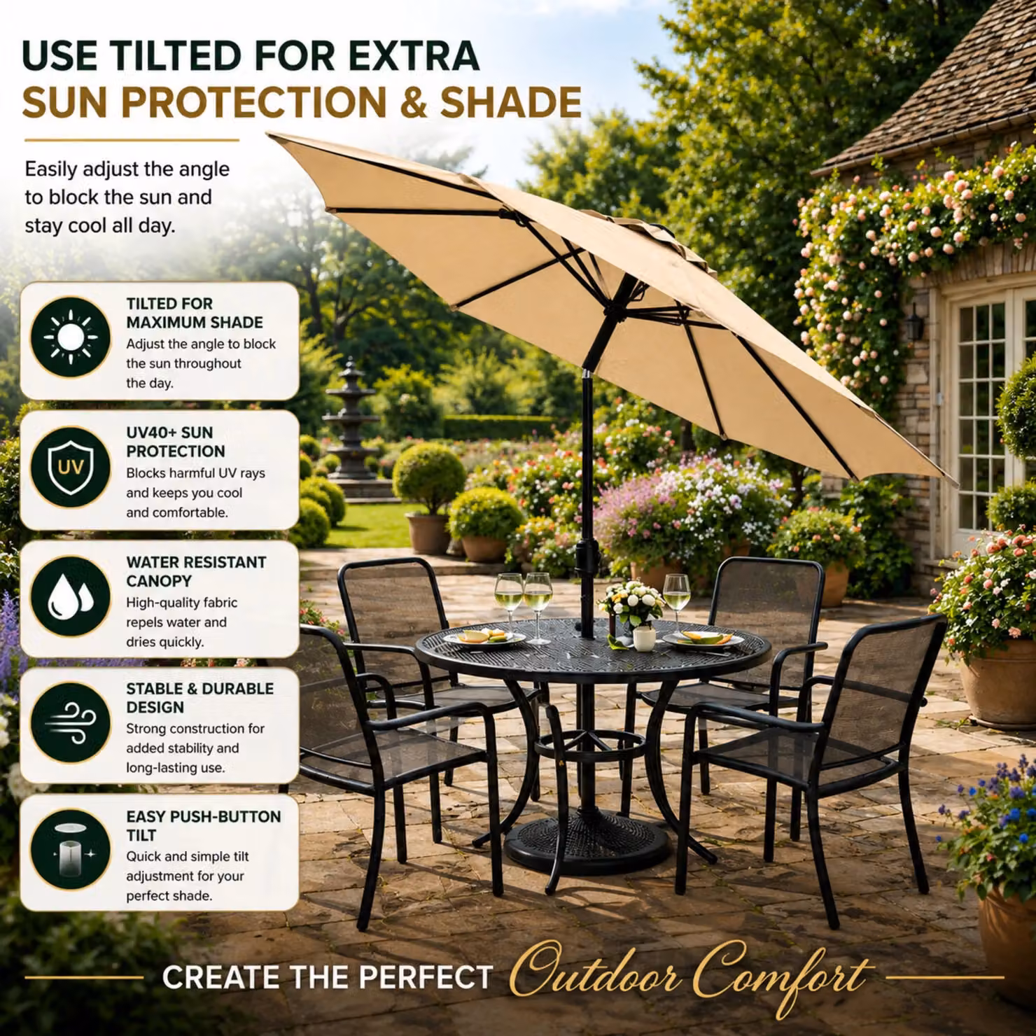 Glamhaus Khaki Solar Power LED Tilting Garden Umbrella with UPF 50+ Protection, W/D/H: 270 x 235 x 270 cm – 6