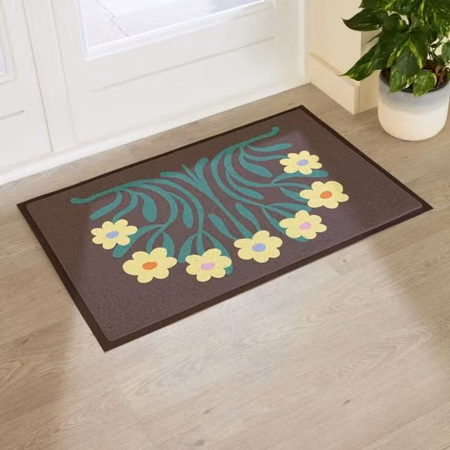 Artsy Mats Elizabeth Olwen Yellow Flowers Indoor/Outdoor Doormat, Brown and Yellow, W: 90 cm, D: 60 cm