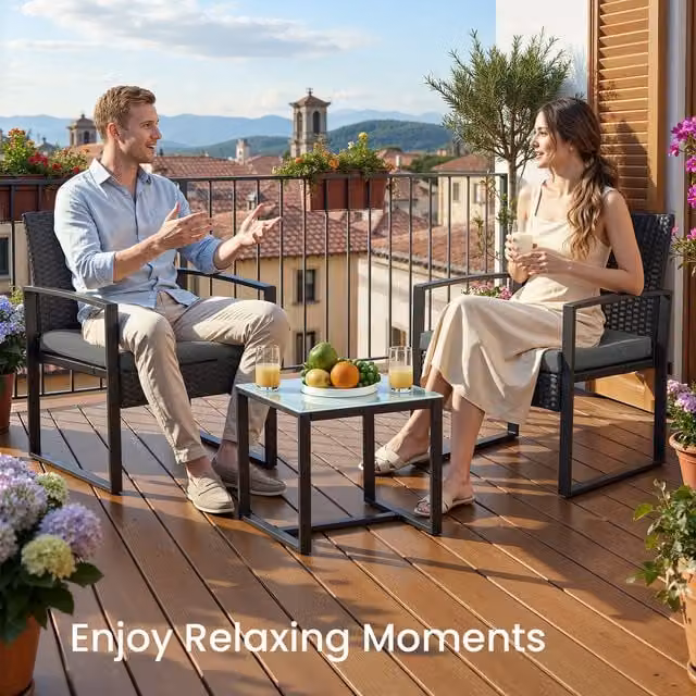 SONGMICS 3-Piece Modern Polyrattan Patio Conversation Set in Black