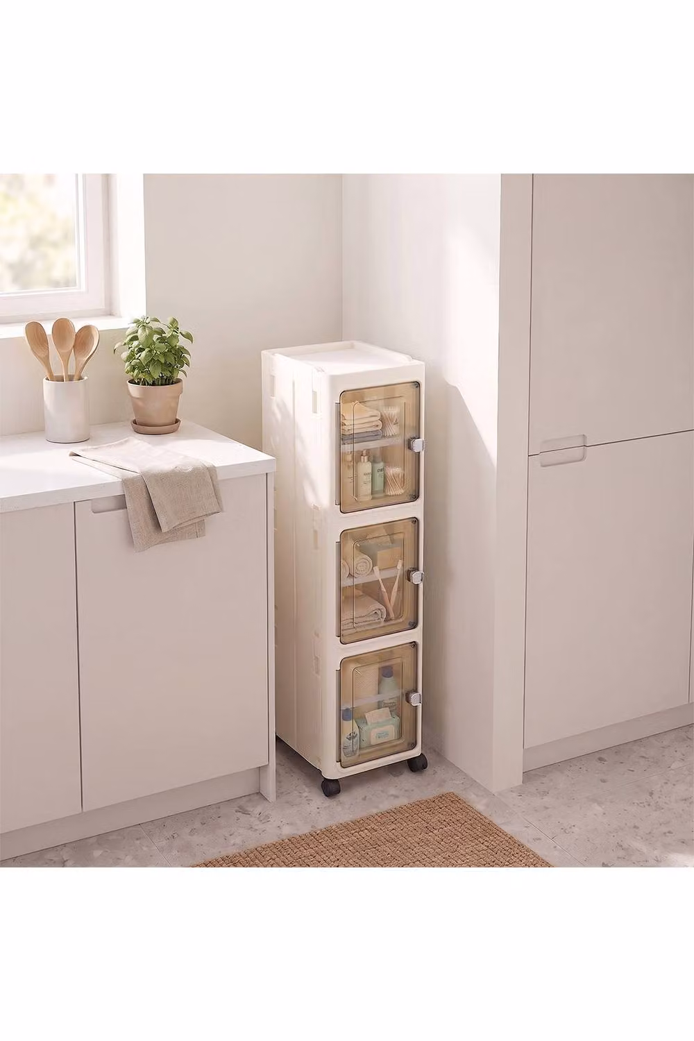 Living and Home Slim Foldable Storage Cabinet with Glass Doors and Lock in White – 2