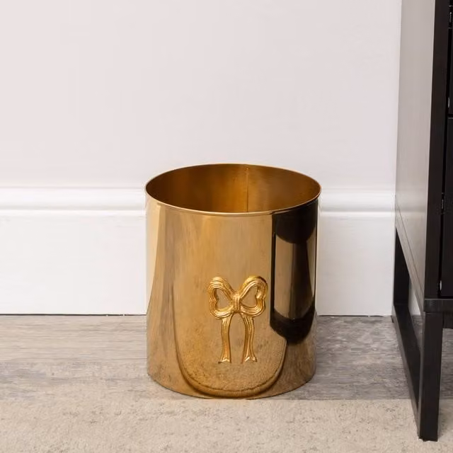 Melody Maison Round Shiny Gold and Black Metal Bow Waste Bin