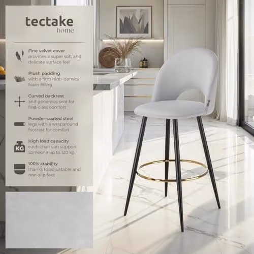 tectake Set of 6 Modern Bar Stools with Velvet-Look Covers and Metal Legs in Grey and Black – 3