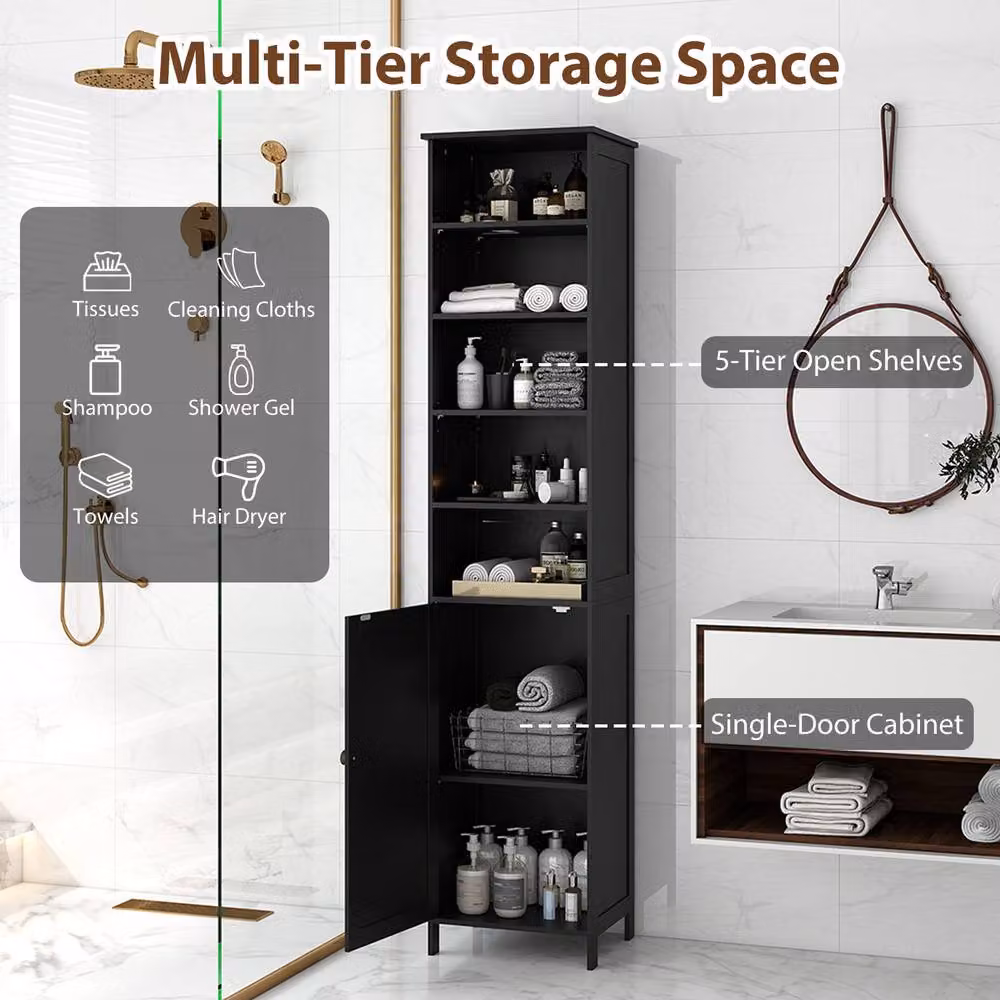 Gymax Black Slim Bathroom Tall Floor Cabinet with 5 Open Shelves and Hinged Doors – 6