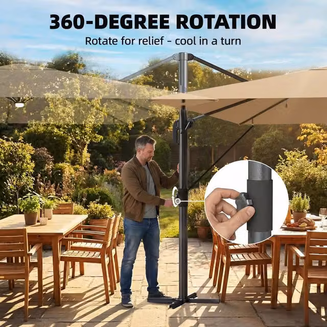 Outsunny Cantilever Garden Parasol with Light and Cover, Khaki, 3 x 3 m