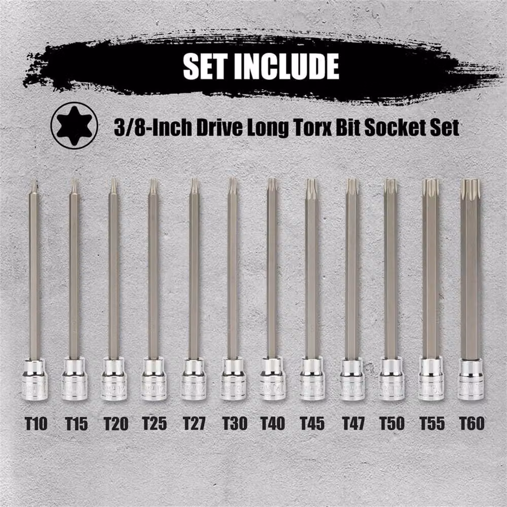 Nordara 12-Piece 3/8 inch Drive Extra Long Torx Star Bit Socket Set in Silver – 2
