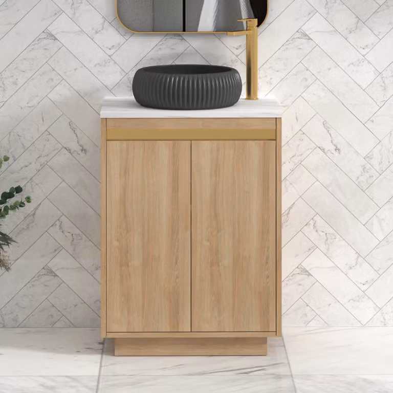 Royal Bathrooms Orion 600mm Natural Oak Floor Standing 2 Door Countertop Vanity Unit with Milan Black Basin and Brushed Brass Accent Trim