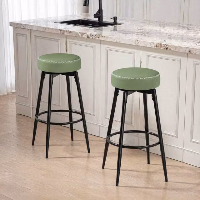 STILVORA Set of 2 Modern Green Faux Leather Swivel Bar Stools with Metal Frame